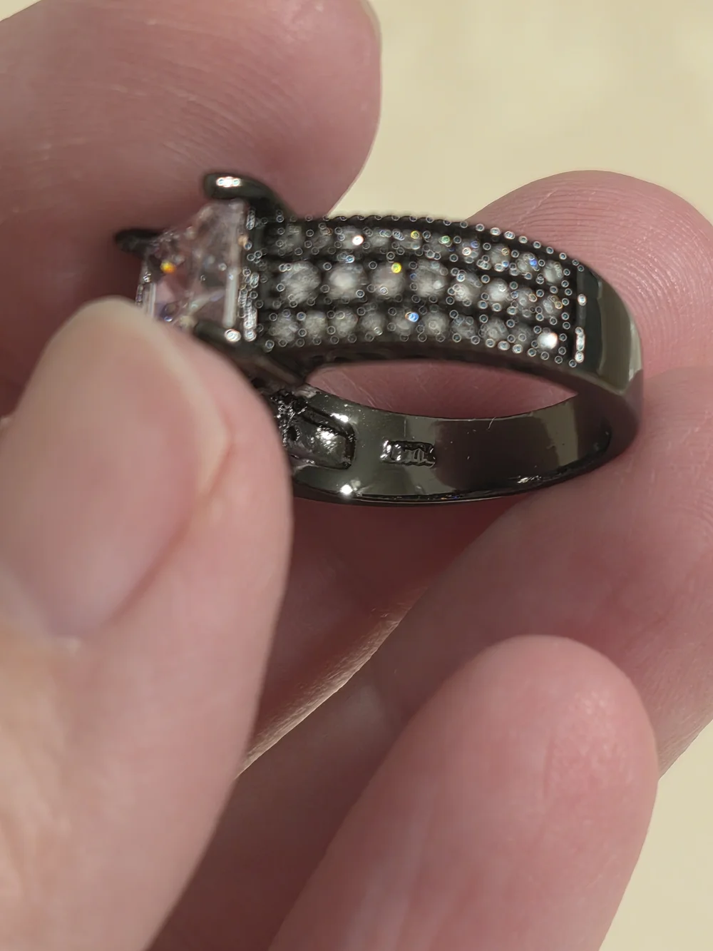 Black Crystal Solitaire Ring with Pavé Band